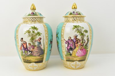 Lot 204 - A pair of 19th century Dresden temple jars,...