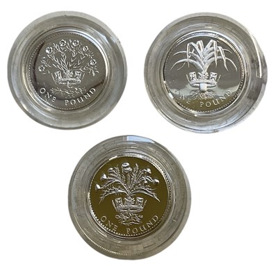 Lot 1379 - Three silver proof Piedfort one pound coins...