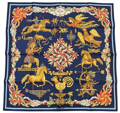 Lot 452 - HERMÈS; a boxed silk scarf, 'Les Girouettes',...
