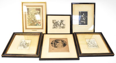 Lot 470 - Five black and white etchings and a colour...