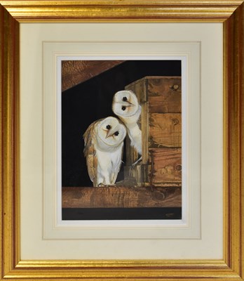 Lot 401 - DENNIS GREEN (1942-2024); gouache, 'Barn Owls...