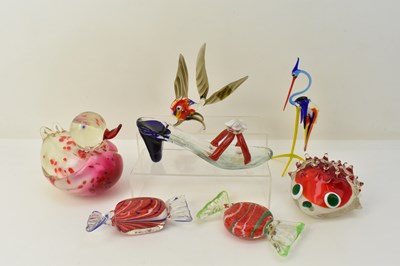 Lot 254 - Seven items of coloured art glass comprising a...