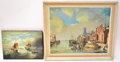 Lot 475 - G A NAPIER; oil on canvas, tall ships on a...