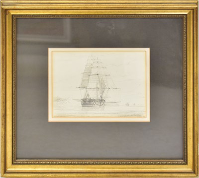 Lot 482 - JNS; ink on paper, tall ship in calm by,...