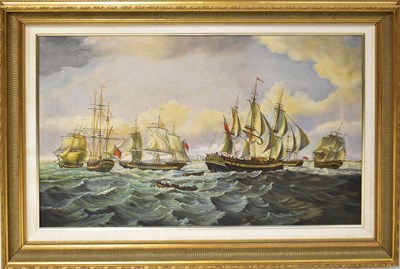 Lot 493 - UNATTRIBITED; oil on canvas, tall ships on a...