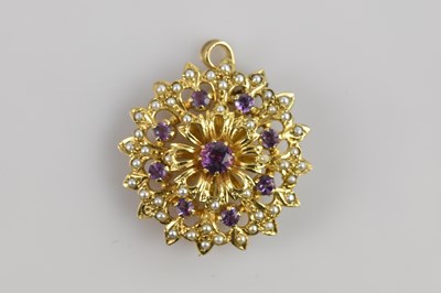 Lot 1272 - A 9ct yellow gold seed pearl and amethyst set...