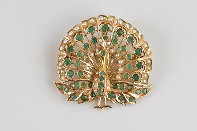 Lot 1261 - A yellow metal seed pearl and emerald set...