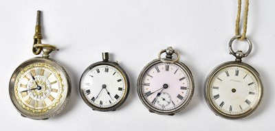 Lot 1378 - Four silver cased open face fob watches,...