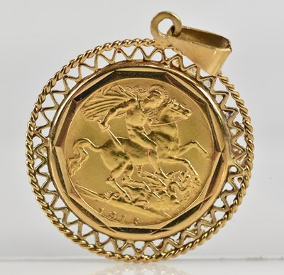 Lot 2078 - A George V half sovereign, 1915, mounted in an...