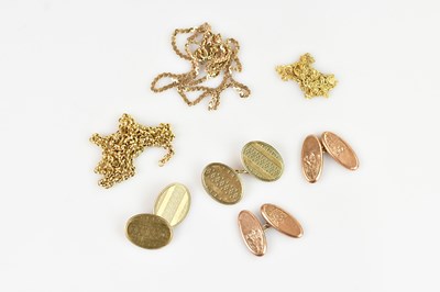 Lot 1450 - Two pairs of 9ct gold cufflinks, and three...