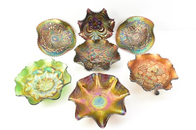 Lot 253 - Seven items of iridescent carnival glass...