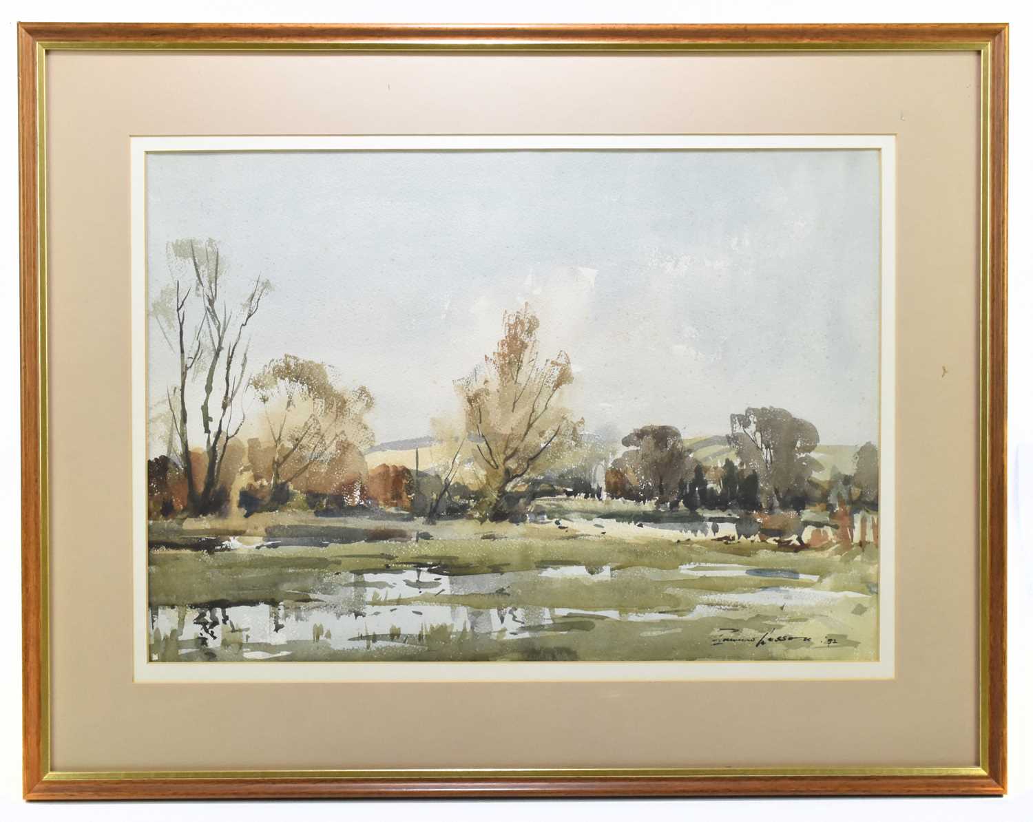 Lot 1363 - EDWARD WESSON RI RBA RSMA (1910-1983); watercolour, Water Meadows at Hanging Langford