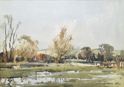 Lot 1363 - EDWARD WESSON RI RBA RSMA (1910-1983); watercolour, Water Meadows at Hanging Langford