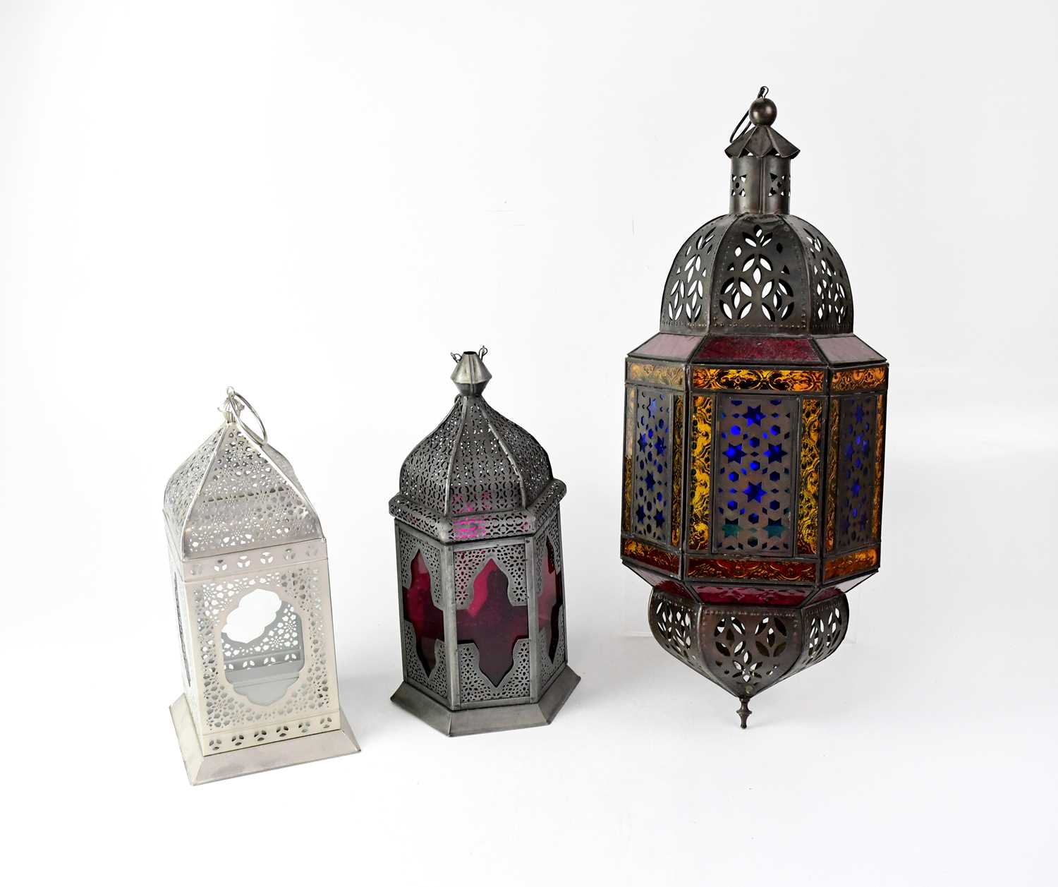 Lot 115 - Three Moroccan-style hanging lanterns with...