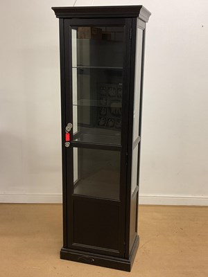 Lot 815 - A black ash display cabinet with three glass...