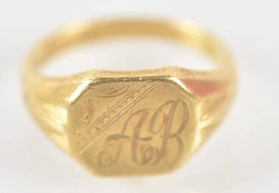 Lot 1308 - An 18ct yellow gold signet ring, inscribed...