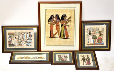 Lot 399 - Six Egyptian papyrus watercolours depicting...