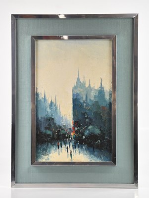 Lot 603 - M BERENGUER; oil on board, city scene, signed...