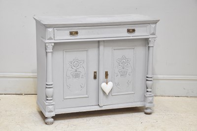 Lot 98 - A grey painted pine side cabinet with two...