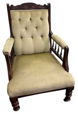 Lot 96 - An Edwardian carved oak green upholstered...