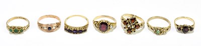 Lot 1152 - Six 9ct gold gem set rings, including two...