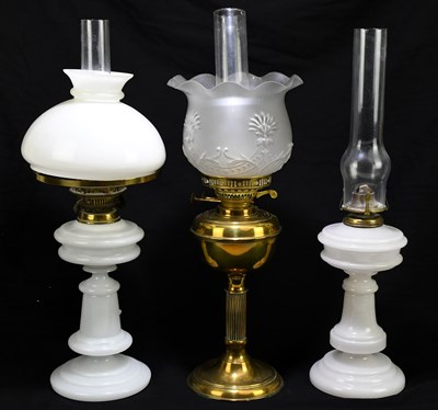 Lot 266 - Two opaque glass oil lamps, one with opaque...