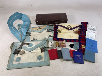 Lot 185 - A small leather case of Masonic regalia...