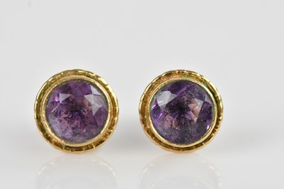 Lot 1426 - A pair of 9ct yellow gold and amethyst ear...