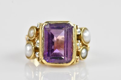Lot 2295 - A yellow metal amethyst and pearl set broad...