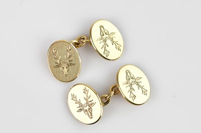 Lot 1352 - A pair of 9ct yellow gold cufflinks, engraved...