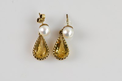 Lot 1432 - A pair of yellow metal citrine and pearl drop...