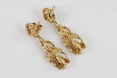 Lot 1387 - A pair of 9ct yellow textured gold drop...