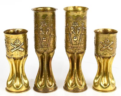 Lot 269 - Two pairs of brass trench art vases, with...