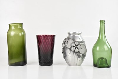 Lot 1989 - A Victorian green glass vase with ribbed...