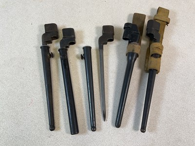 Lot 262 - Five spike bayonets in scabbards, two with...