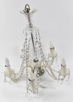 Lot 123 - A five branch glass drop chandelier, height 53cm.