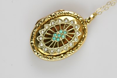 Lot 2205 - A 9ct yellow gold turquoise and seed pearl set...