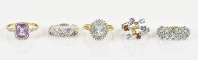 Lot 2481 - Five 9ct gold dress rings, including a...
