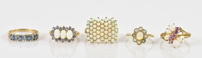 Lot 2412 - A 9ct yellow gold opal set dress ring, size S,...