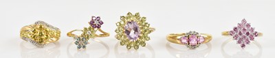 Lot 2406 - Five 9ct yellow gold dress rings set with...