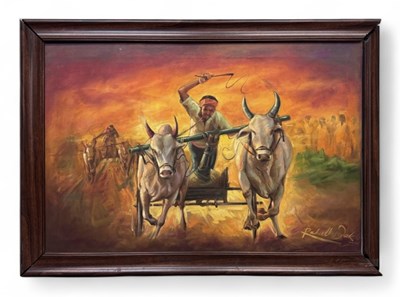 Lot 41 - RAHUL KIRDAK; an acrylic on canvas, ox racing,...