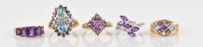 Lot 2397 - Five 9ct gold gem set dress rings, including a...
