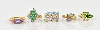 Lot 2376 - Five 9ct gold dress rings including a multigem...