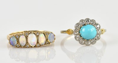 Lot 2335 - A 14ct yellow gold diamond and turquoise daisy...