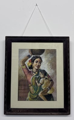Lot 31 - V. S. GURJAR; pastel, 'Lady with a Child',...