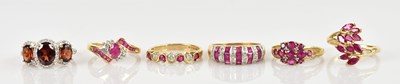 Lot 2332 - Six 9ct yellow gold dress rings, including a...