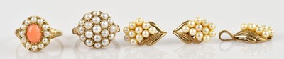 Lot 2551 - A 9ct yellow gold seed pearl and coral set...