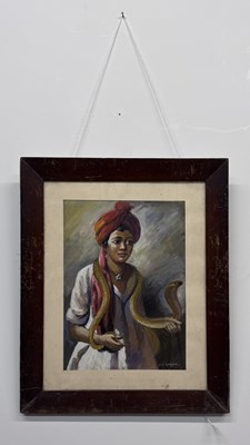 Lot 30 - V. S. GURJAR; pastel, 'A Boy with a Snake',...