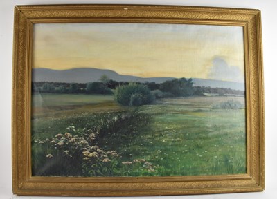 Lot 177 - P E STUCK; a Swiss oil on canvas, sunset rural...