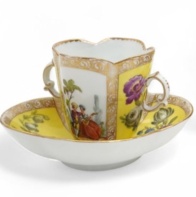 Lot 557 - A 19th century Dresden quatrefoil twin handled...